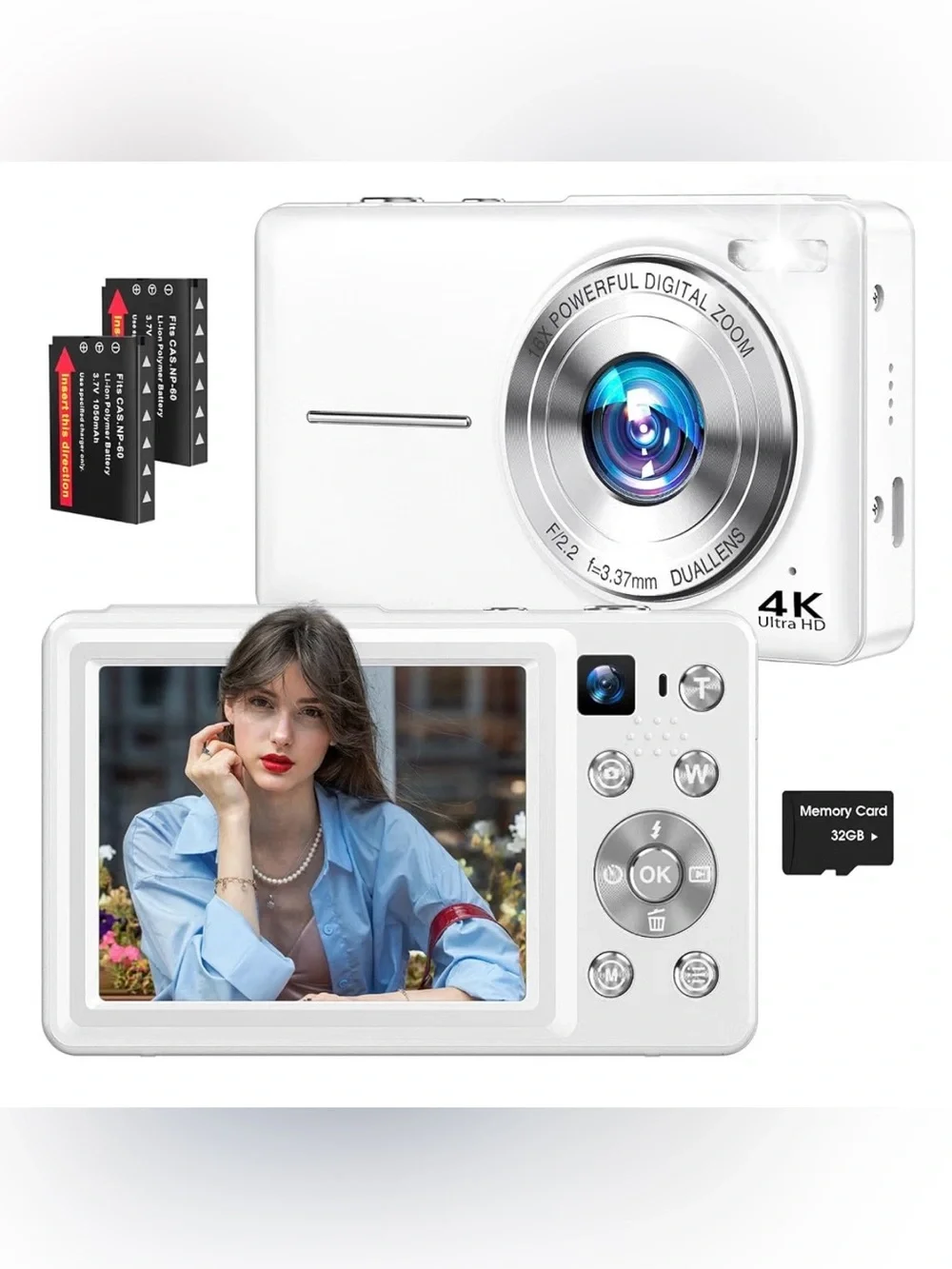 4K Digital Camera, 64MP Autofocus Vlogging Camera with Dual Lens, White